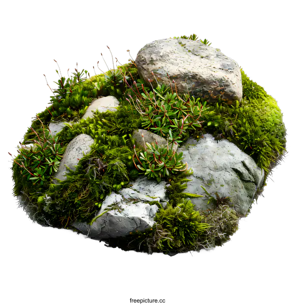 [Transparent Background PNG]Green Moss and Rocks On White Background