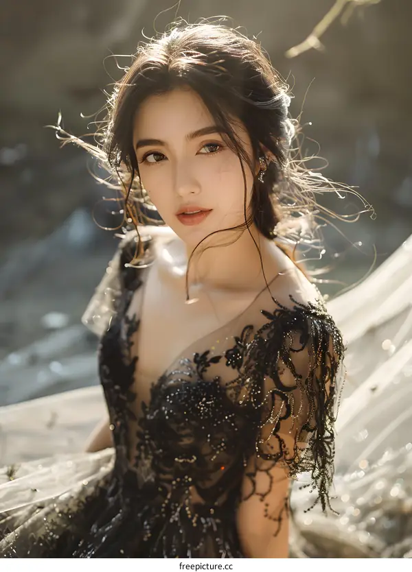 Portrait of a beautiful young woman in a black dress
