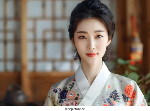 Beautiful Asian Woman in Traditional Korean Hanbok