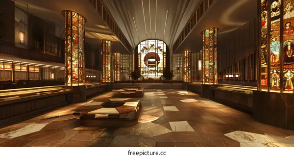 Modern Interior Design With Stained Glass Windows And Patterned Flooring