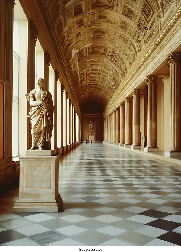 Classical Architecture In A Palace Hall With A Marble Statue And Checkered Floor