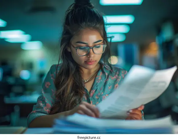 Indian woman in glasses reading documents at night