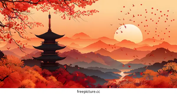 Autumn Pagoda Landscape Illustration