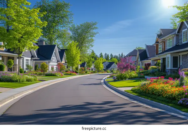 Peaceful Suburban Street with Flowers and Green Trees
