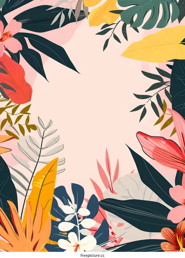 Tropical Leaves and Flowers Background Illustration
