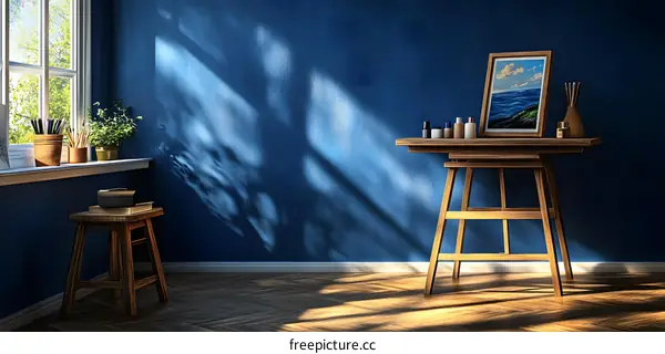 Blue Wall Room With Wooden Stool And Easel