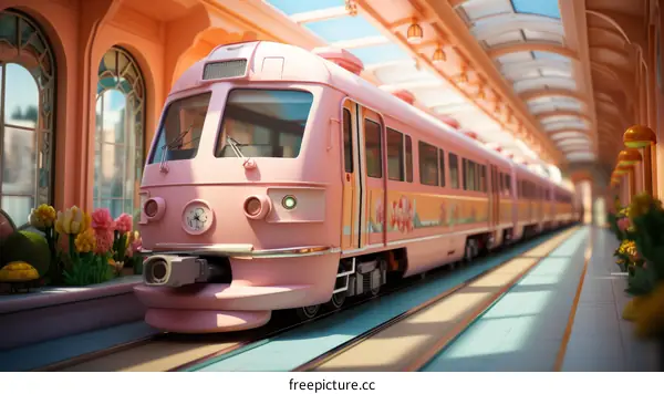 Pink Train Cartoon in Railway Station