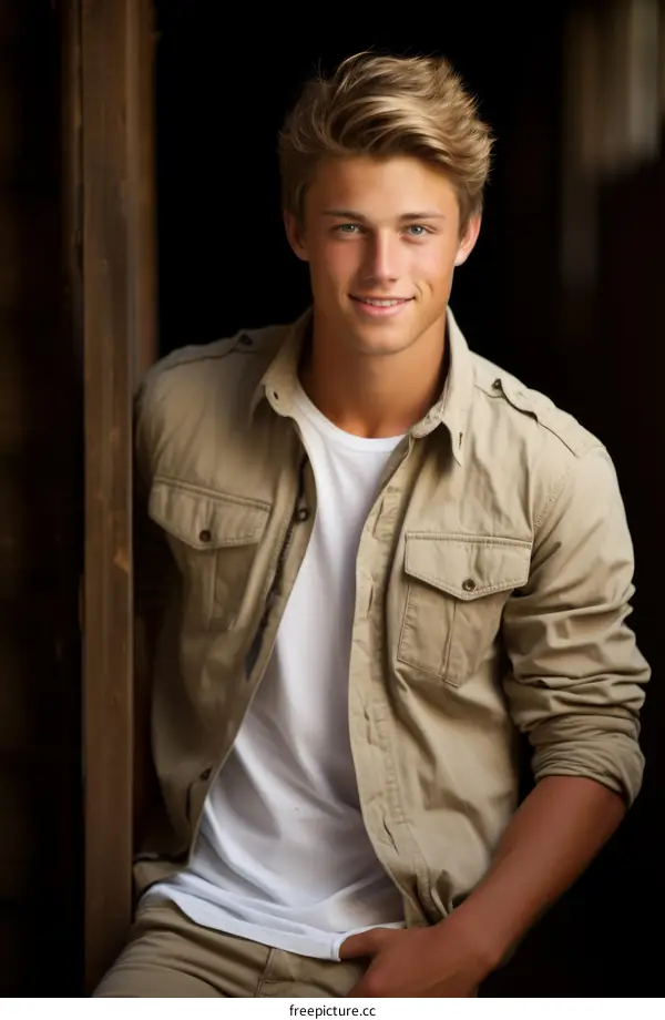 Portrait of a handsome young man with blond hair and blue eyes