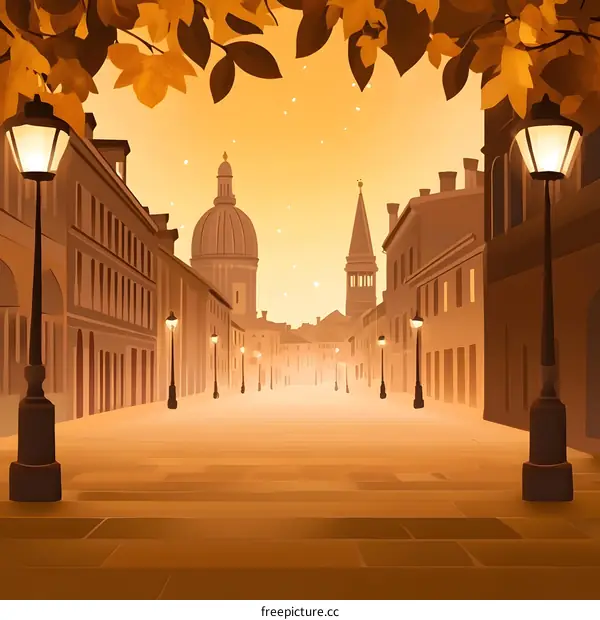 Autumn Evening in the City With Sunset Sky and Buildings