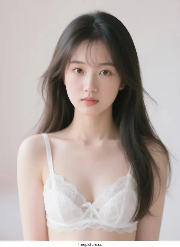 Young woman wearing white lace bra with long dark hair