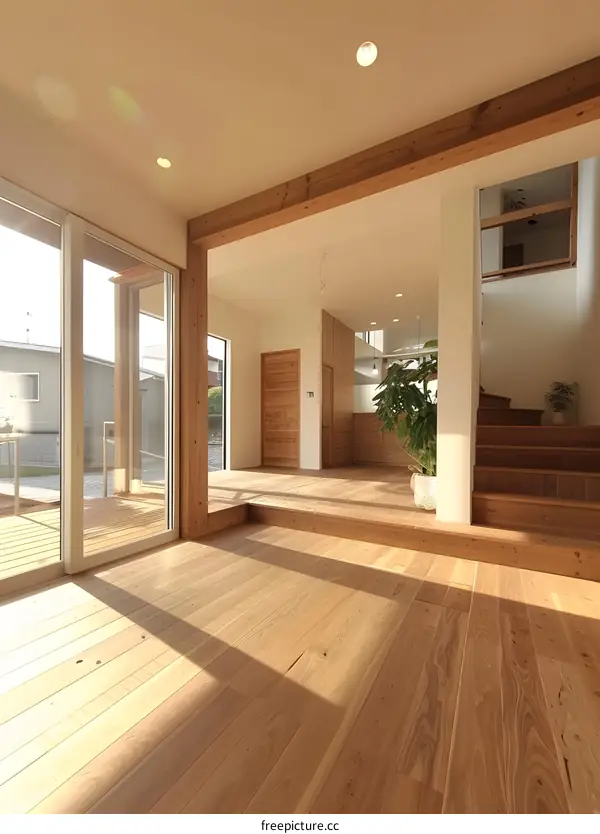 Modern Minimalist House Interior With Wooden Flooring And Large Windows