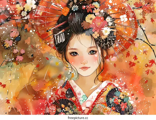 A watercolor painting of a Japanese woman in a kimono with an orange umbrella.