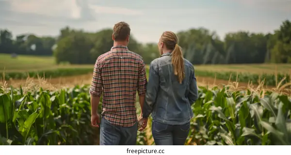 Couple walking hand-in-hand through a lush green corn field