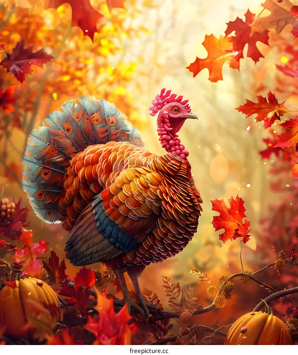 A turkey standing on a branch with autumn leaves and pumpkins around it