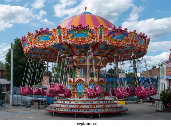 A colorful swing ride at a fairground with a blue sky in the background