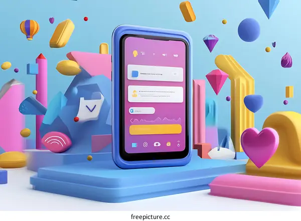 Colorful 3D Rendered Smartphone on a Platform with Abstract Shapes