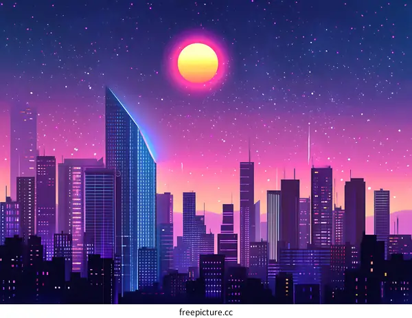 Night City Skyline with Neon Lights and Stars