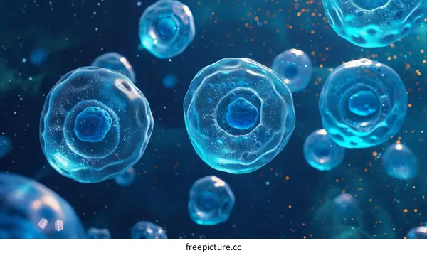 Blue illustration of a group of cells with a nucleus.