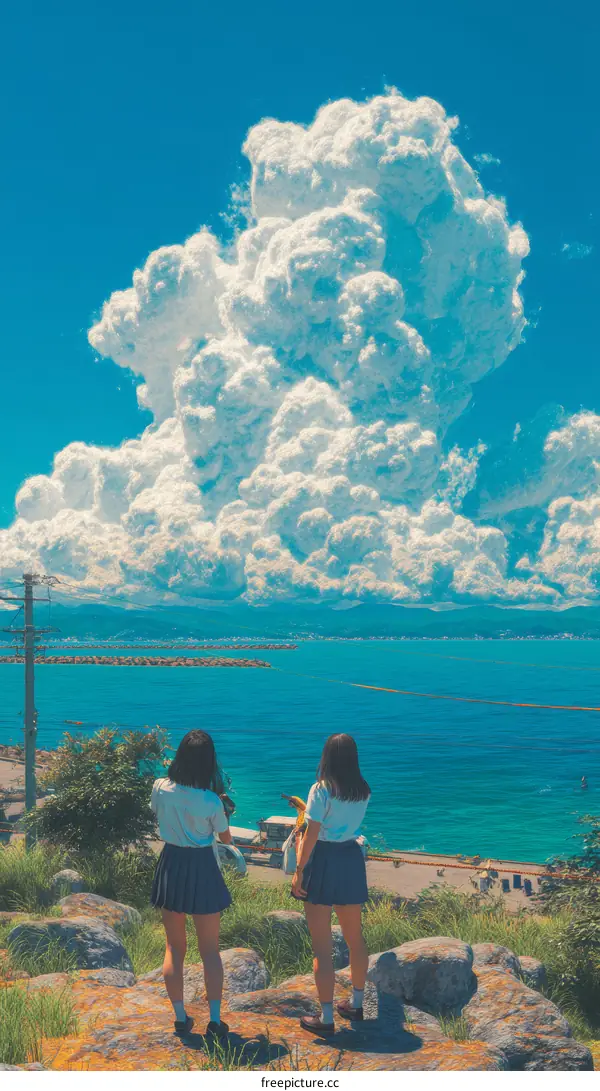 Two Girls Enjoying the Scenic Coastal View