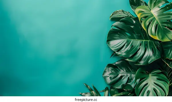 Tropical Green Leaves On Teal Background