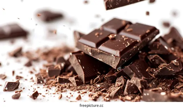 Close up of a stack of dark chocolate bars and grated chocolate against a white background