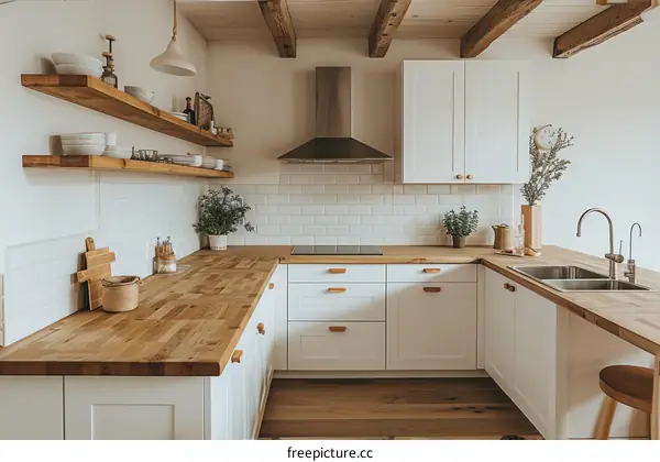 A kitchen with white cabinets and wooden countertops