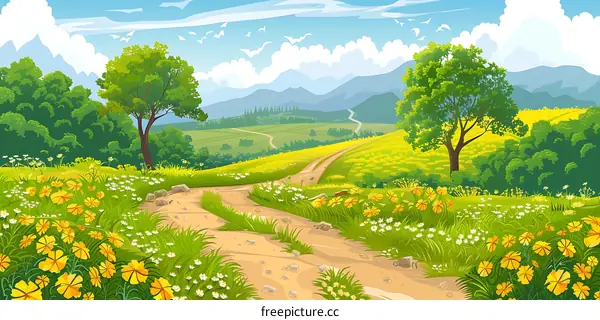 Beautiful Landscape With Mountains And Green Fields