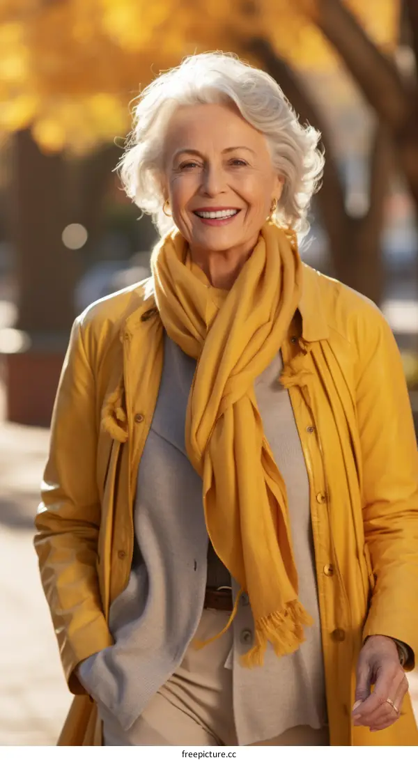 Portrait of a smiling senior woman with gray hair wearing a yellow scarf and a tan coat