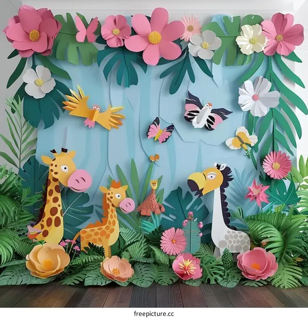 3D jungle animals and flowers paper backdrop for birthday party