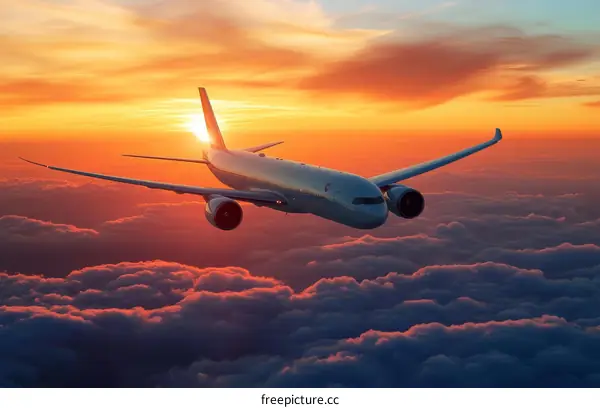 Amazing Airplane Flight Above Colorful Clouds at Sunset