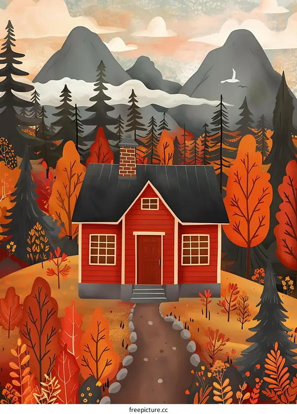 Autumn Cabin Illustration with Mountains in the Background