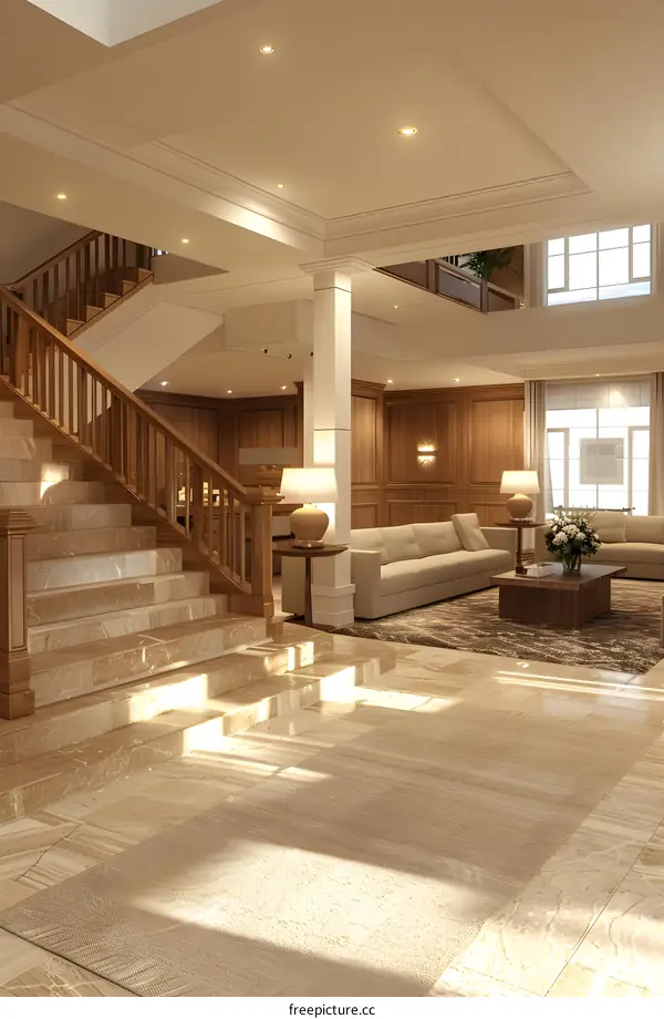 Modern Interior Design with Wooden Stairs and a Large Living Room