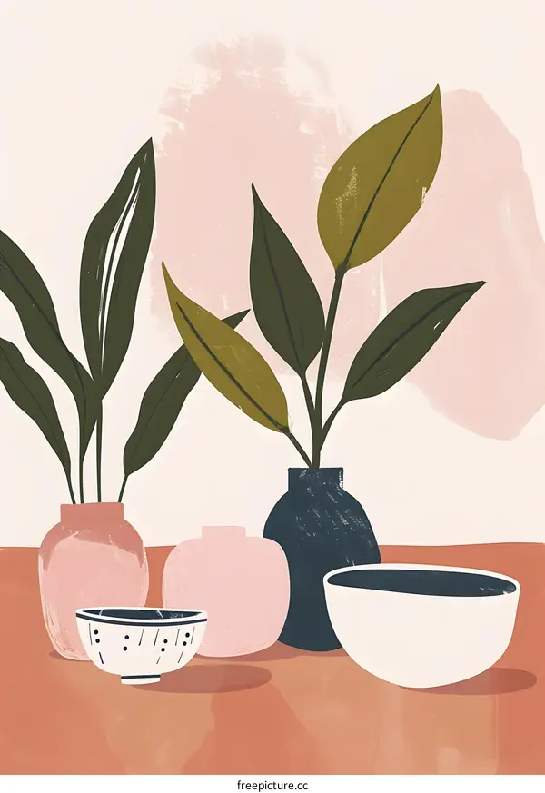 Green Leaves in Vases with a Bowl on a Table