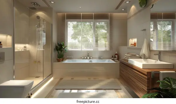 Scandinavian bathroom design with bathtub, shower, sink and toilet