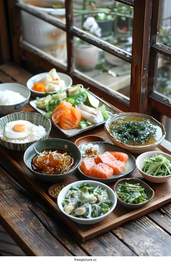 A delicious Japanese breakfast with salmon, rice, and various side dishes