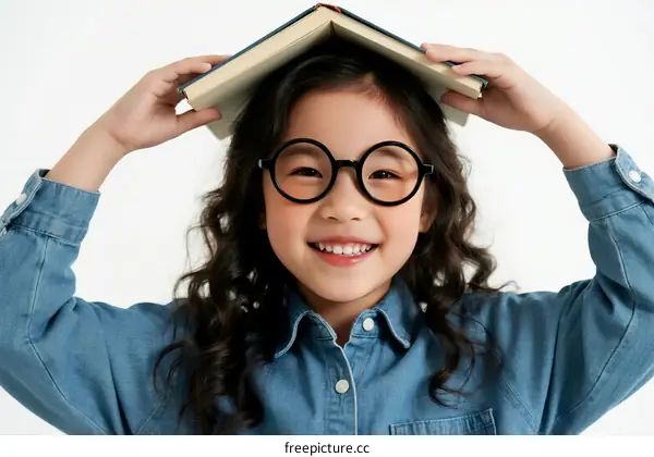 Little girl with glasses holding a book on her head