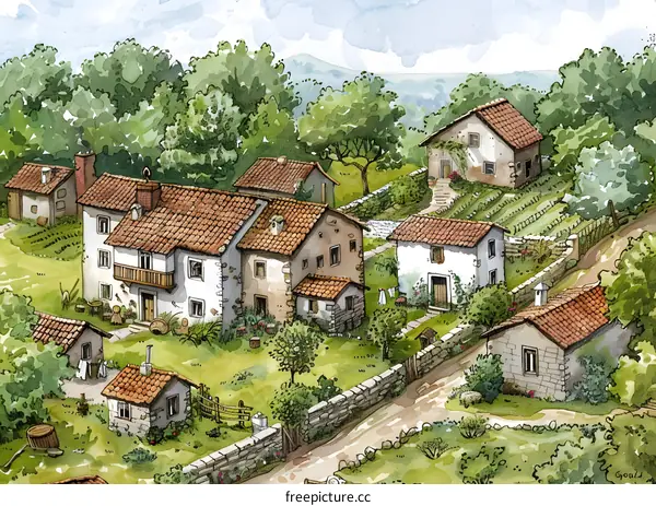 An illustration of a small village in the countryside