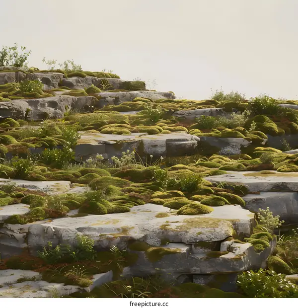 Green Moss Covered Rocks with White Flowers