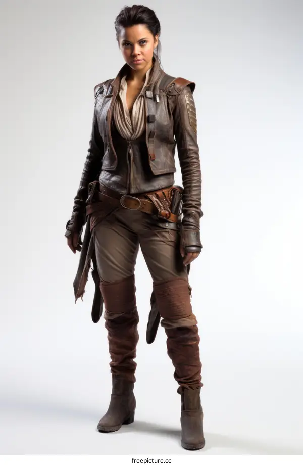 A woman in a brown leather jacket and pants