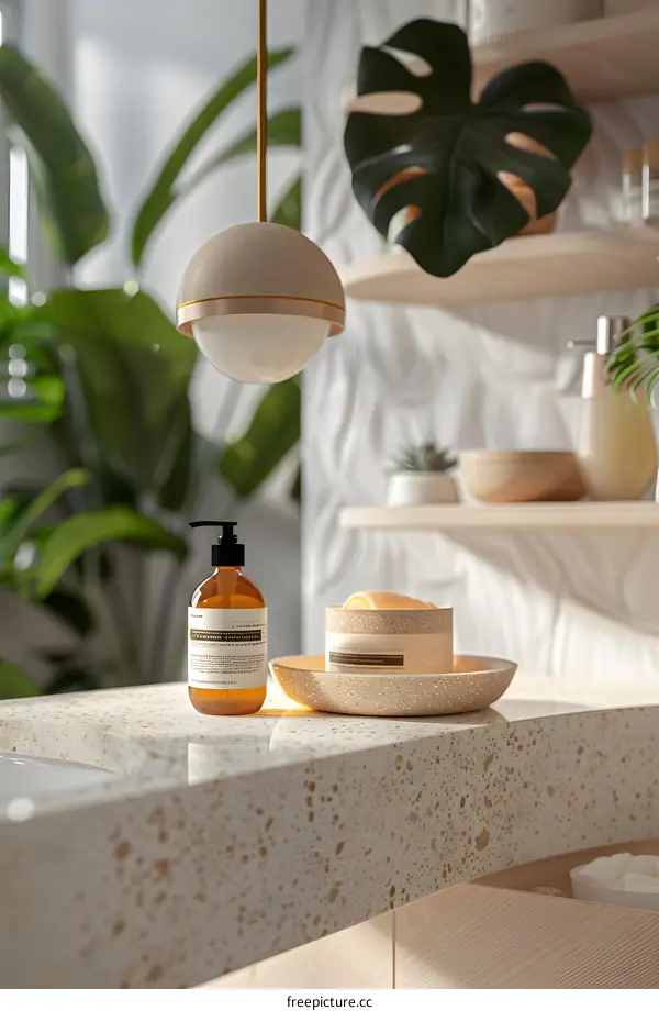 Modern Bathroom Interior Design with Terrazzo Countertop and Natural Elements