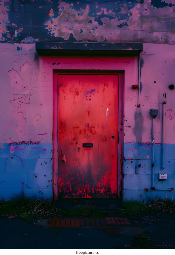 Rusty Red Door in Pink and Blue Wall