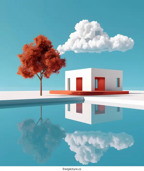 Minimalist House with Red Tree and Cloud Reflection in Water