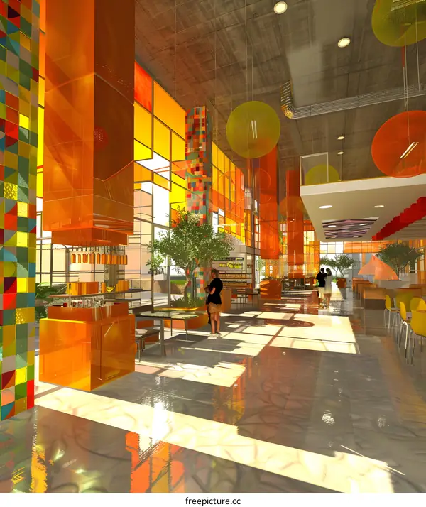 Modern Cafe Interior Design with Colorful Glass Walls and Hanging Lamps