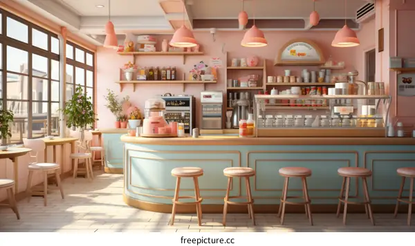 Dreamy Pink Cafe Interior With Large Windows