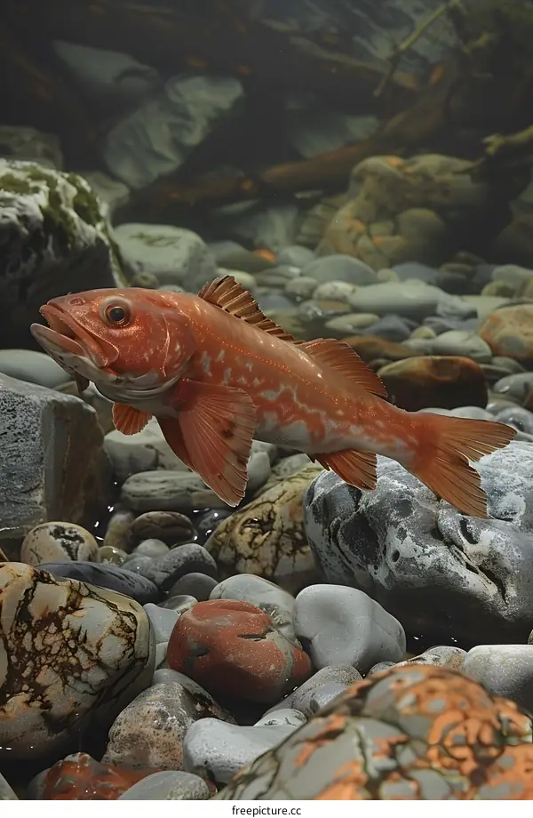 A red fish is swimming over rocks in a river.