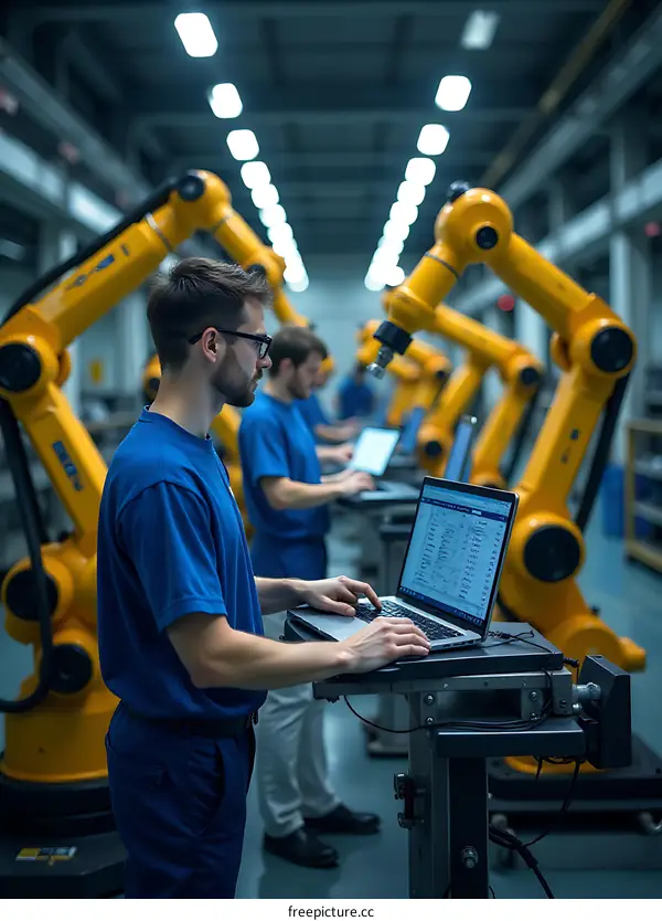 Factory Workers Using Robotics And Laptops For Automation