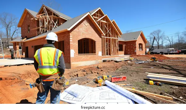 Construction worker in front of a house under construction
