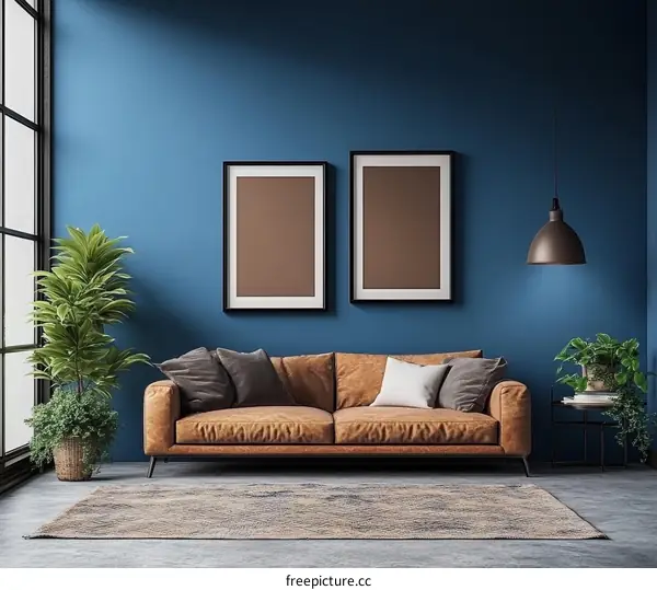 Modern Living Room Interior Design with Blue Walls and Leather Sofa