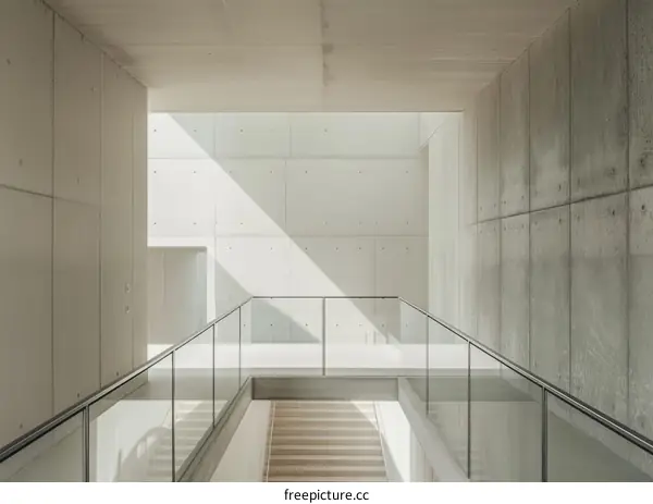 Empty Corridor with Glass Railing and Staircase
