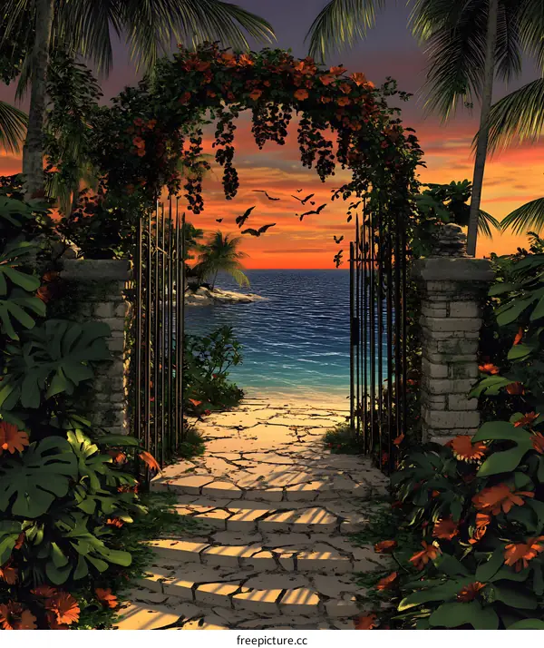 Tropical Sunset Gate with Palm Trees and Ocean View